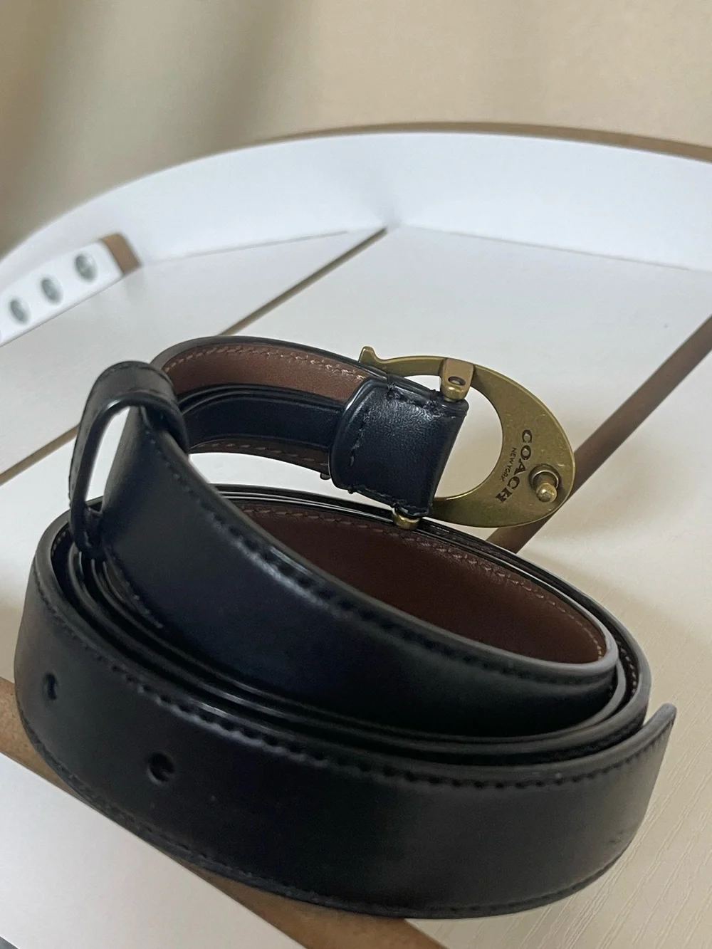 Coach Black Leather Belt with Gold 'C' Buckle
